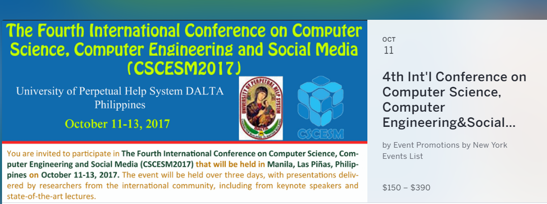 You are invited to participate in The Fourth International Conference on Computer Science, Computer Engineering and Social Media (CSCESM2017) that will be held at Las Piñas - Manila, Philippines on October 11-13, 2017. The event will be held over three days, with presentations delivered by researchers from the international community, including presentations from keynote speakers and state-of-the-art lectures.